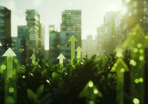 Green and sustainable development in the business sector, showcasing upward arrows symbolizing the growth and positive impact of environmental, social, and governance (ESG) practices.