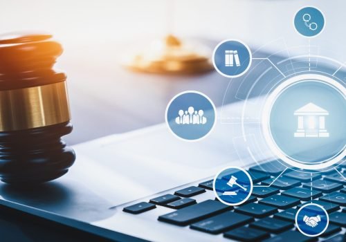 Smart law, legal advice icons and lawyer working tools in the lawyers office showing concept of digital law and online technology of savvy law and regulations .
